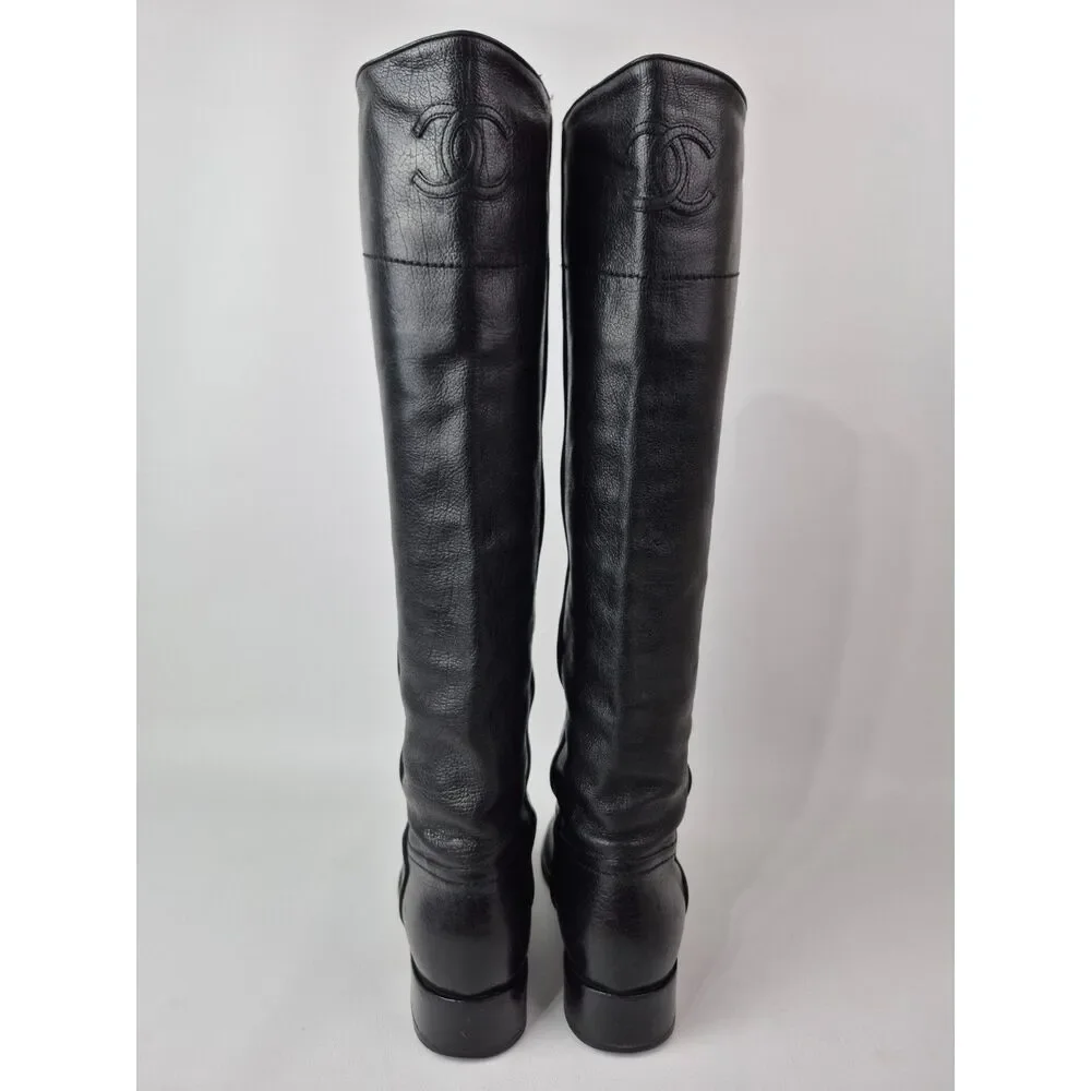 Chanel Women's Black Leather Interlocking CC Logo Tall Riding Boots Size 38